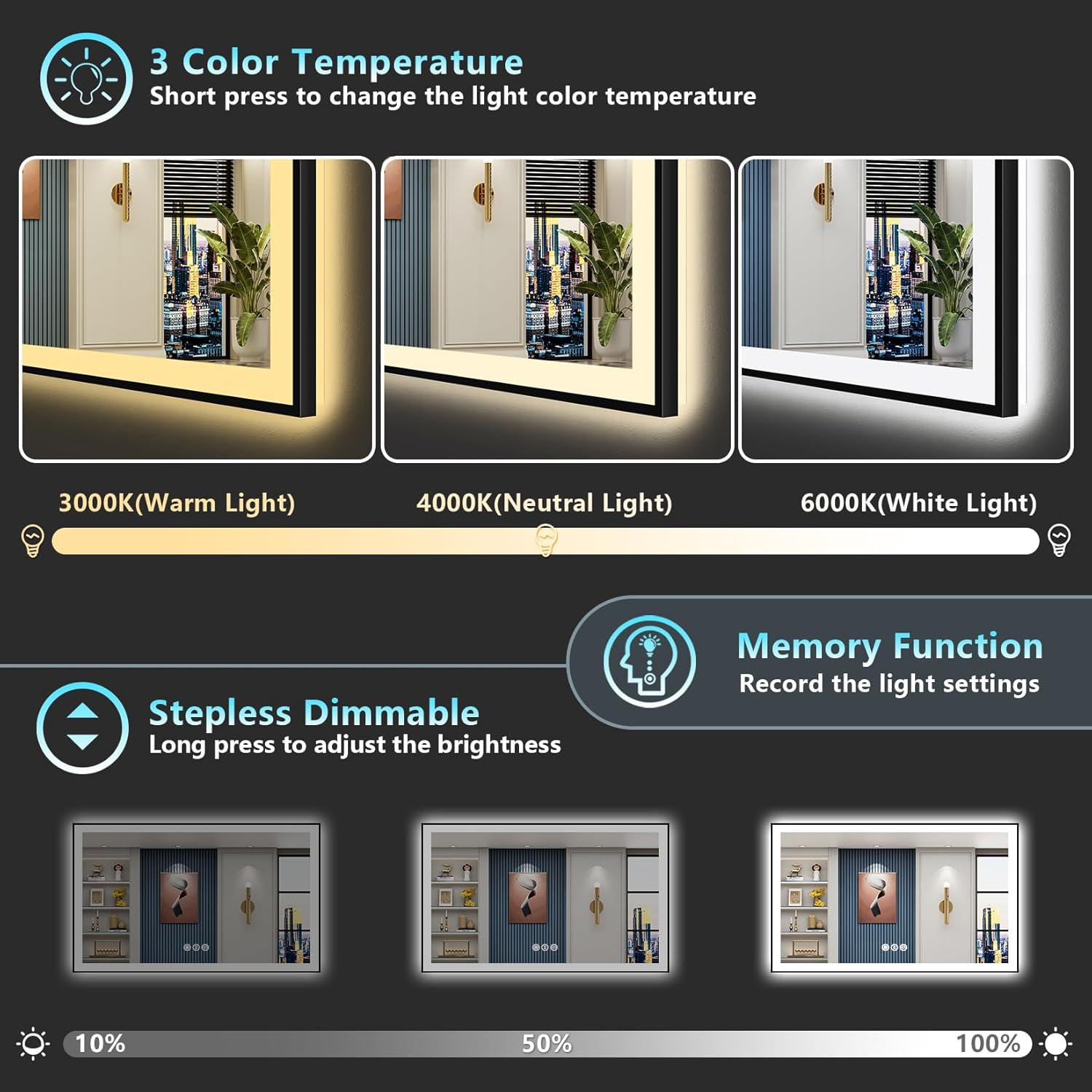 66x36 Black Framed LED Bathroom Mirror with Lights, Backlit and Front Lit Anti-Fog Lighted Vanity Mirrors for Bathroom Wall, Dimmable, 3 Colors, Memory, HD Tempered Glass, Horizontal/Vertical