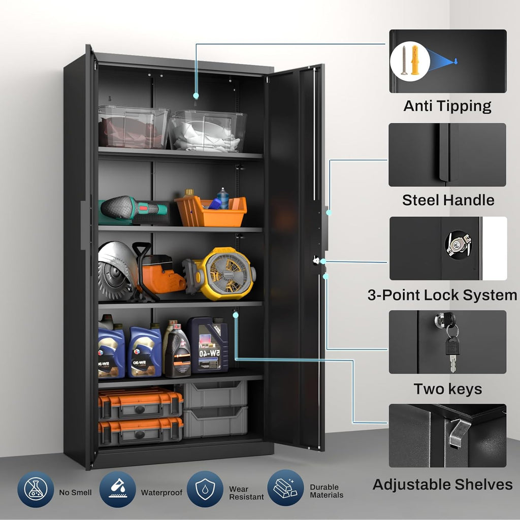 Metal Garage Storage Cabinet with Lock, 71" Tall Steel Storage Locker with 4 Adjustable Shelves, Heavy Duty Metal Cabinet for Garage, Office, Home, 31.5”W × 16.5”D, Black