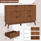 Fluted Dresser for Bedroom,49.6'' Modern Wooden Walnut Dresser with 6 Drawers, Bedroom Dressers, Natural Wood Chest of Drawers for Living Room, Hallway (Walnut)