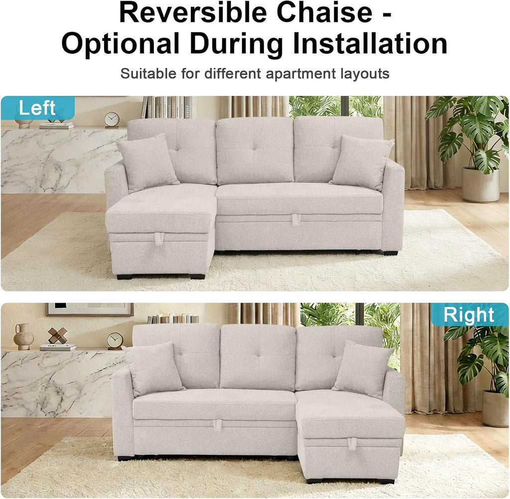 82" L Shaped Sleeper Sofa Bed: Sectional Sleeper Couch with Pull Out Bed, Storage Chaise, USB Charging, 3 Seat Sectional Sofa Bed with Throw Pillow for Living Room (Linen Fabric, Beige)