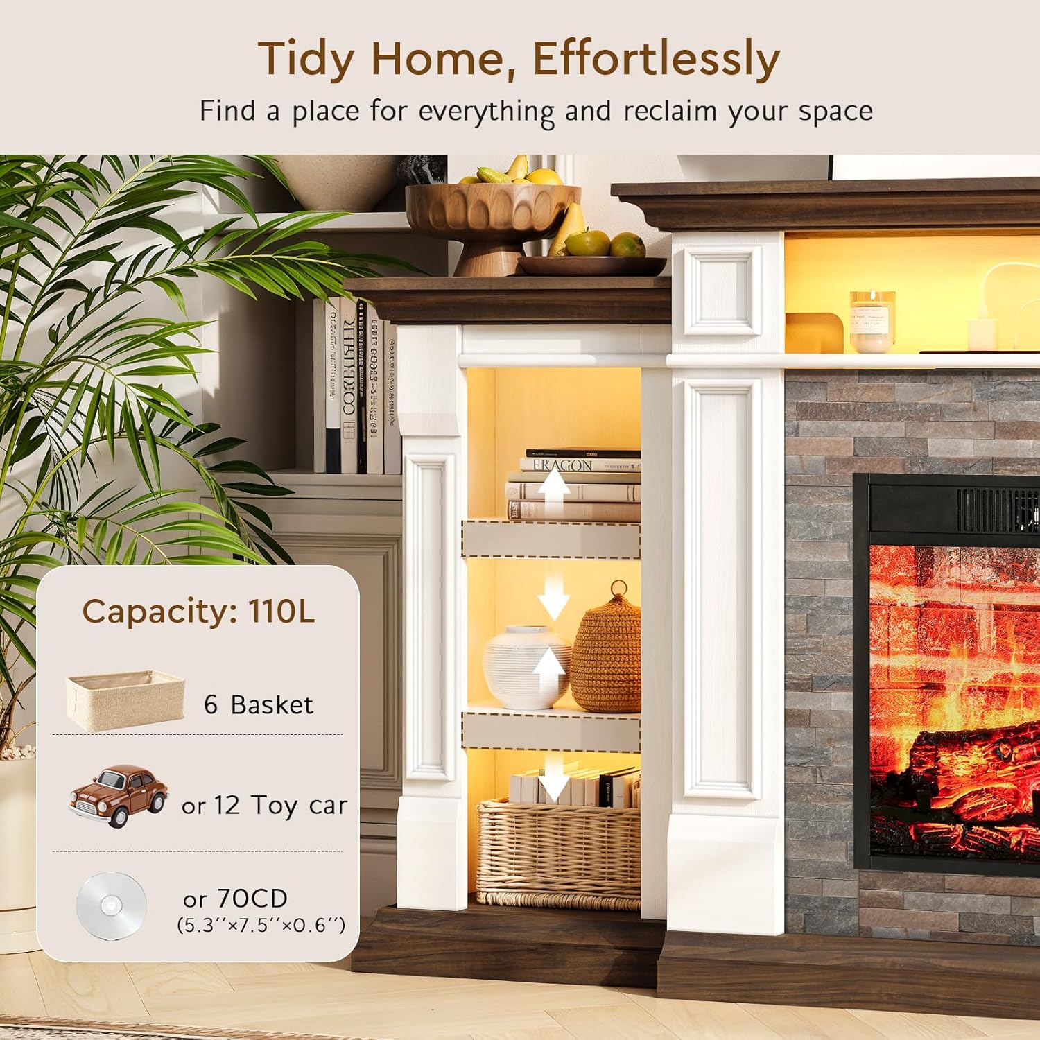 72'' Fireplace TV Stand with Outlet & LED, Electric Fireplace with Mantel, Entertainment Center with Storage for TVs Up to 80 Inch, 23'' Fireplace Heater Insert with 3D Flame Effect for Living Room