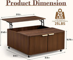 Fluted Lift Top Coffee Table on Wheels, Walnut Storage Coffee Table with Adjustable Height for Living Room, Office