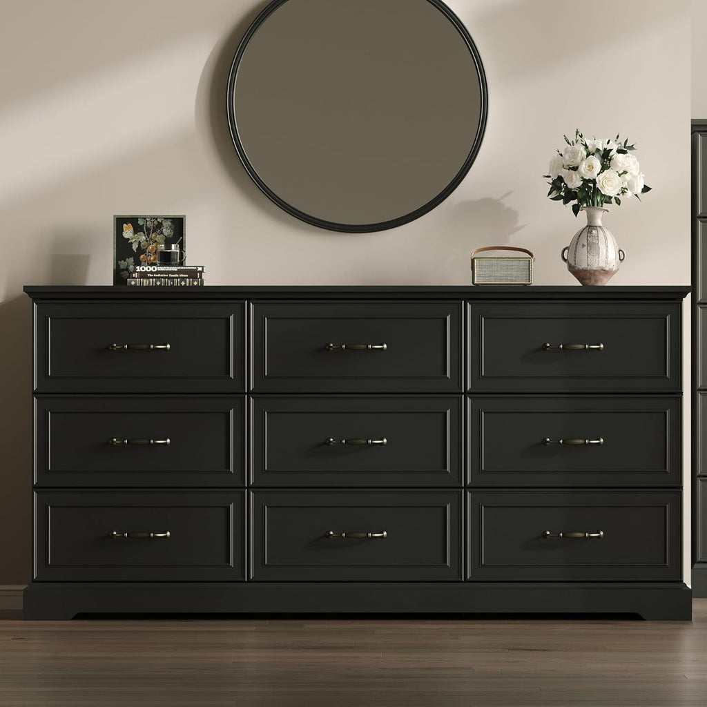 Farmhouse 9 Drawers Dresser for Bedroom, 63" Wide Modern Chest of Drawers with Deep Drawers & Bar Handles, Rustic Wood Dresser TV Stand, Wooden Closet Storage Organizer for Living Room, Hallway, Black