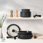 Chef Power Ceramic Nonstick Cookware Set 19 Piece with Detachable Handle, Induction Dishwasher Oven Safe Pans and Pots Set, RV Kitchen Set Removable Handle, Rock Stone Black