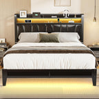 Queen Size Bed Frame with 2-Tier Storage Shelves, LED Bed Frame with PU Leather Headboard, Metal Platform Bed with Charging Station, Noise Free, No Box Spring Needed, Easy Assembly, Black