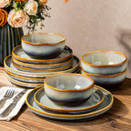 TheTerra Ceramic Dinnerware Sets for 4, 12 Pieces Handmade Reactive Glaze Plates and Bowls Sets, Scratch Resistant Dish Set, Oven & Microwave & Dishwasher Safe, Brown Blue