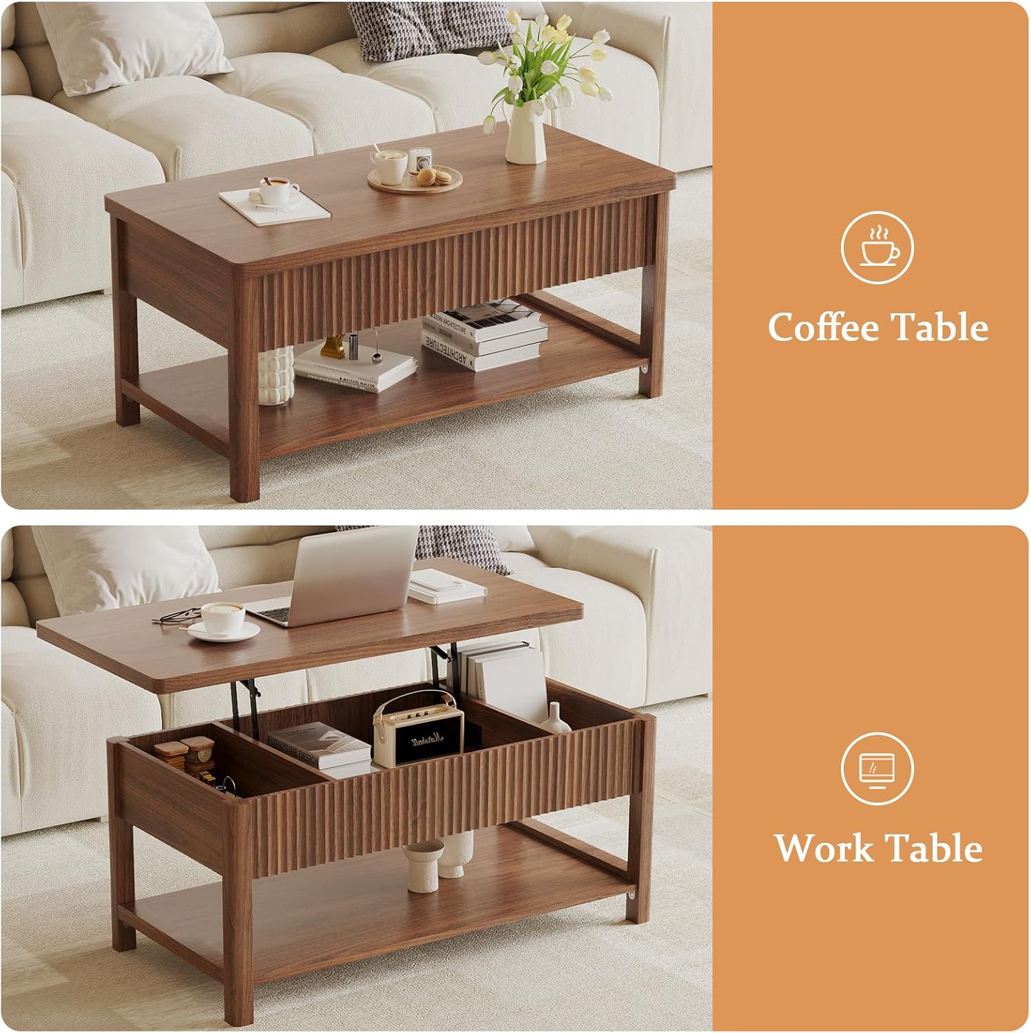 Lift Top Coffee Table with Storage for Living Room, 2-in-1 Modern Center Table & Desk with Hidden Storage Compartment & Open Shelf, Space Saving for Small Space & Apartment (Walnut)