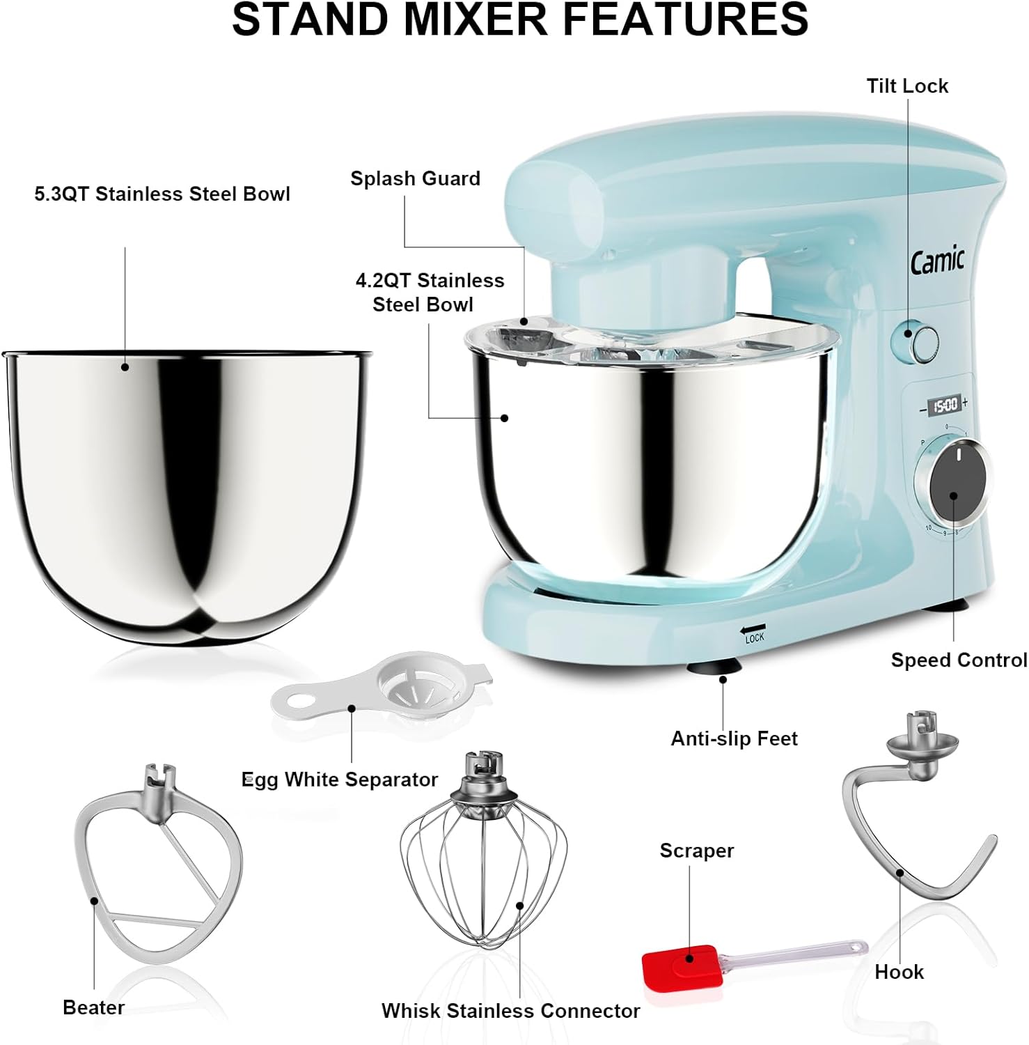 Camic Stand Mixer, 4.2QT+5.3QT Two bowls Electric Food Mixer, 10 Speeds with Digital setting 3-IN-1 Kitchen Mixer for Baking Cakes Cookie Bread Salad with Egg Whisk,Dough Hook,Flat Beater (Blue)