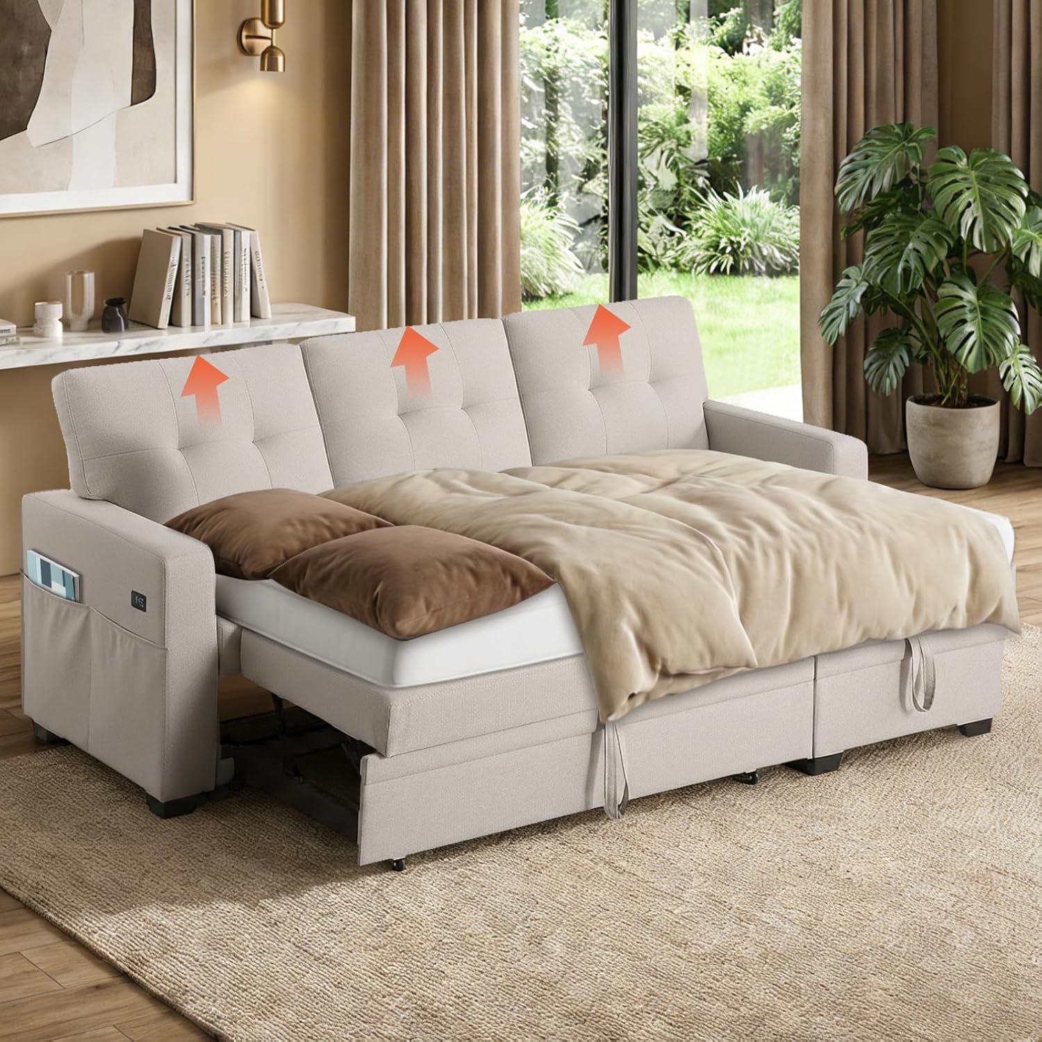 82" L Shaped Sleeper Sofa Bed: Sectional Sleeper Couch with Pull Out Bed, Storage Chaise, USB Charging, 3 Seat Sectional Sofa Bed with Throw Pillow for Living Room (Linen Fabric, Beige)