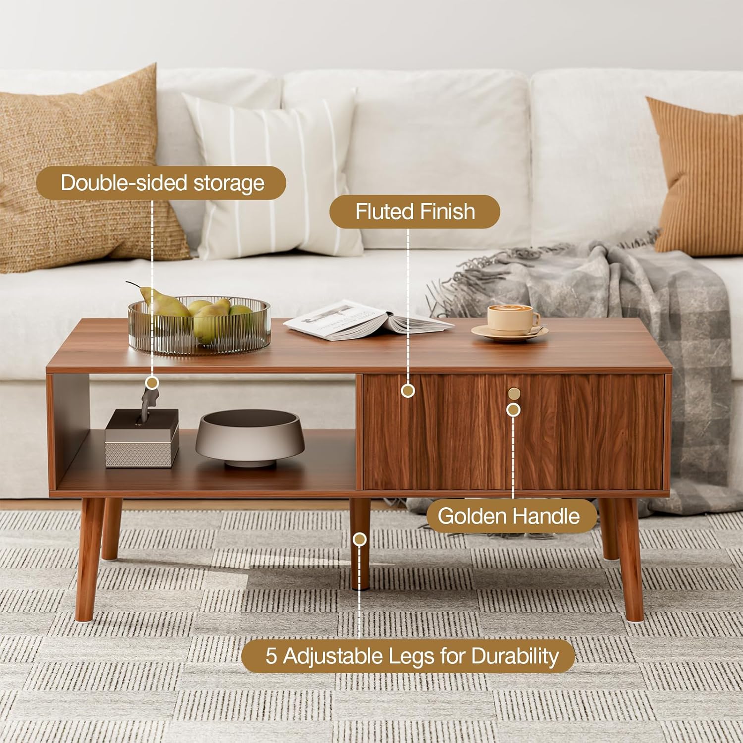 LCRBOL Coffee Table with Storage, Mid Century Dining Table with Fluted Drawer and Solid Wood Legs, Small Coffee Tables for Living Room, Walnut