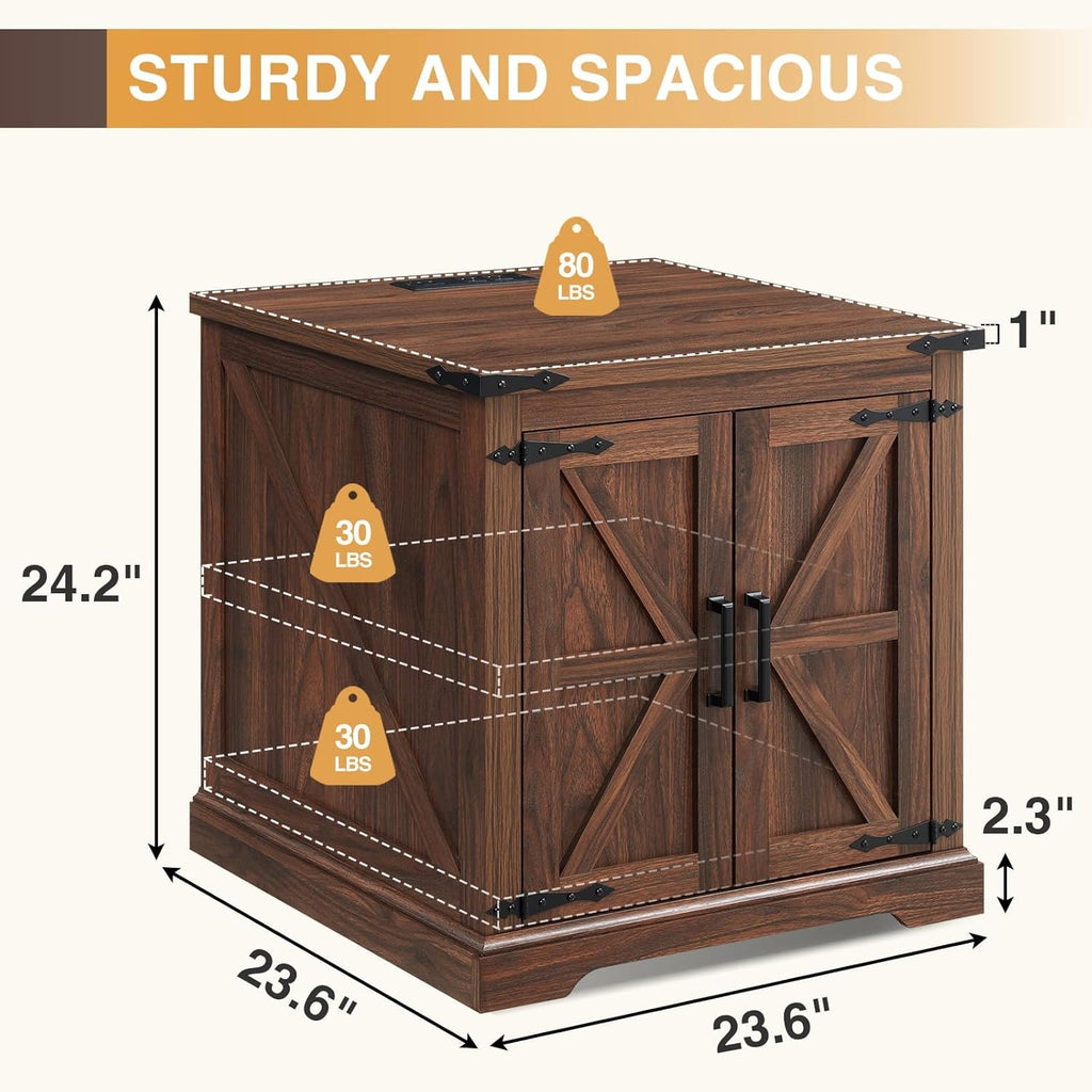 Barnyatoh Farmhouse End Table with Charging Station,24" Large Sofa Side Table with Barn Door, Rustic Wood Square Nightstand Bedside Table with Adjustable Storage Shelf for Living Room, Bedroom,Walnut