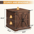 Barnyatoh Farmhouse End Table with Charging Station,24" Large Sofa Side Table with Barn Door, Rustic Wood Square Nightstand Bedside Table with Adjustable Storage Shelf for Living Room, Bedroom,Walnut