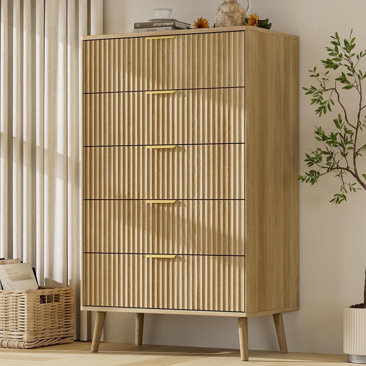 LYNSOM Fluted 5 Drawers Dresser, 45" Tall Modern Chest of Drawers with Curved Profile Design and Metal Handle, Wood Drawer Organizer for Bedroom, Living Room, Hallway, Entryway, Oak