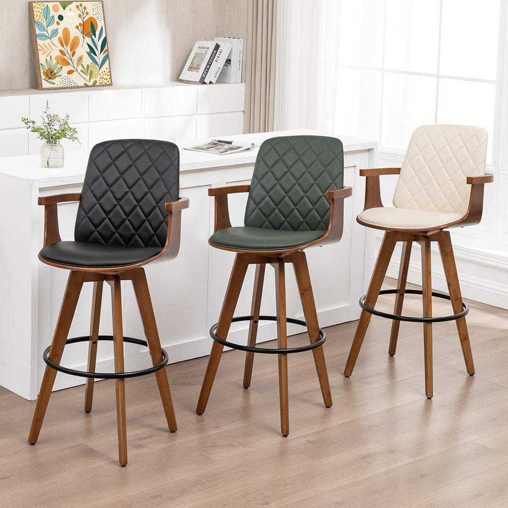 Counter Stools Set of 2, Upholstered Faux Leather Counter Height Bar Stools, Swivel Counter Chairs with Wooden Arms and Legs(Beige, 26" Seat Height)