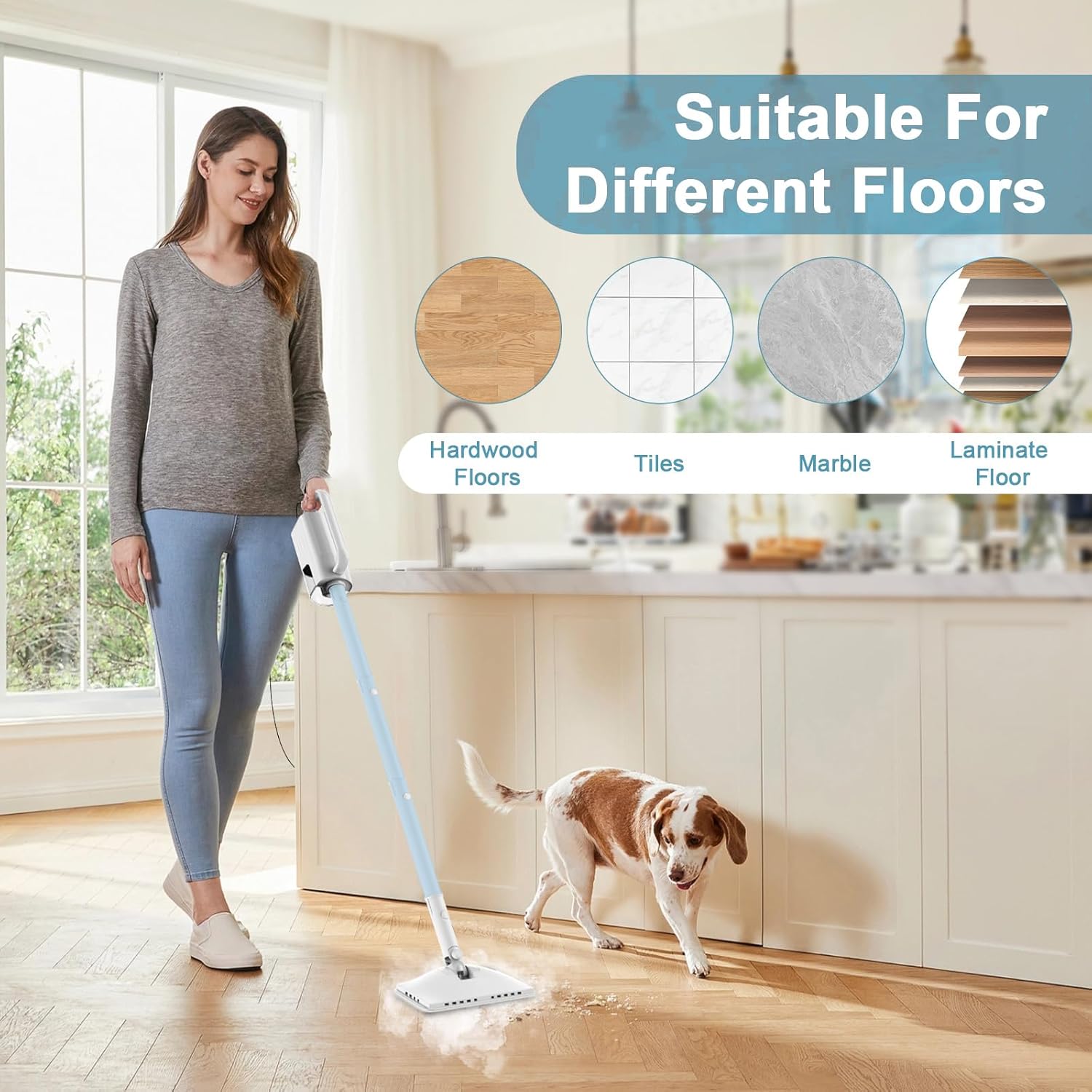 7-in-1 Steam Mop, 1200W Rotated Steam Cleaner for Home, 2 Modes, 400ML Removable Tank, 23FT Power Cord, 2 Pads, Multi-Surface Steamer for Hard Floor, Laminate Floor, Tiles Cleaning (Ocean Blue)
