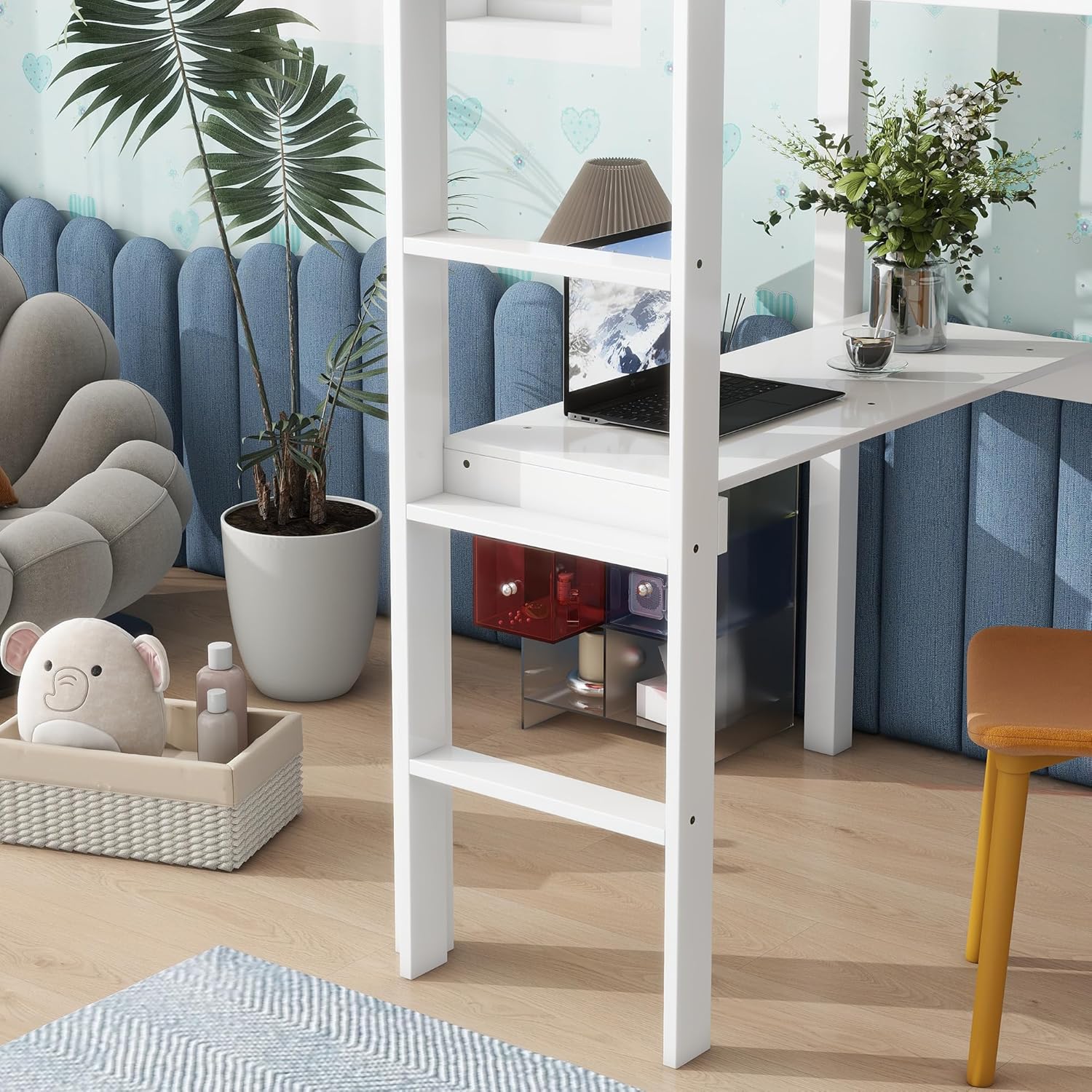 Twin Loft Bed with Desk, Wood Bed Twin Size with Ladder and Safety Guardrail, Space-Saving High Loft Bed for Kids, Adults, No Box Spring Needed, White