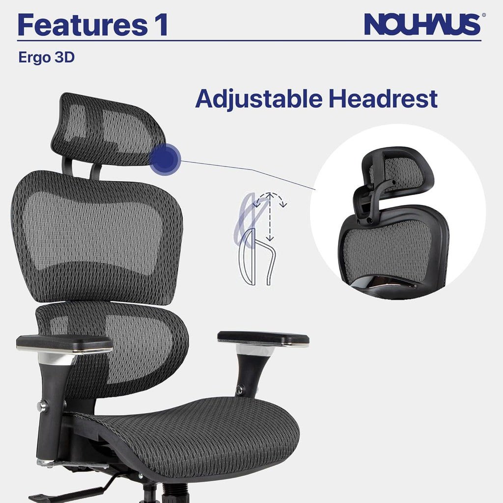 Nouhaus Ergo3D Ergonomic Office Chair Lumbar Support Mesh Office Chair with 4D Adjustable Armrest, Adjustable Headrest and Wheels, Mesh High Back Home Office Desk Chairs(Black)