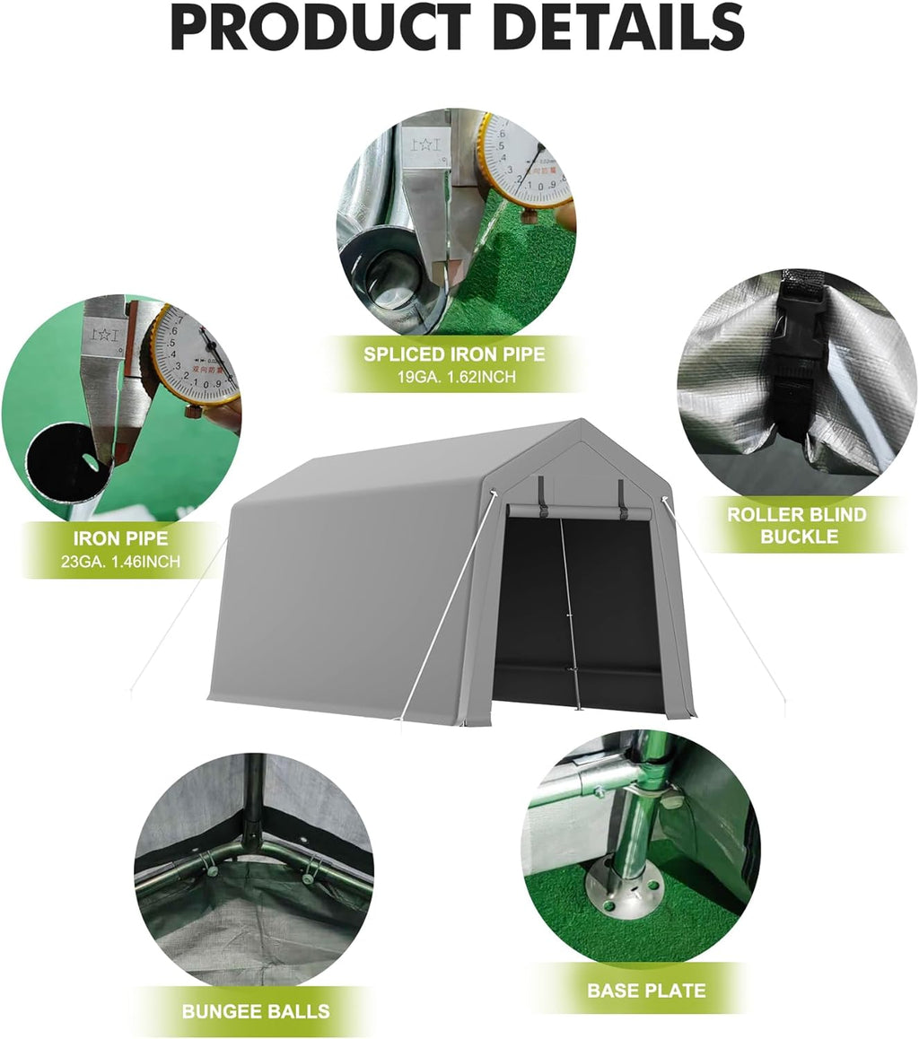7x10 FT Portable Carport Storage Shed Tent – Heavy Duty Waterproof & UV-Resistant Motorcycle Tent with Roll-Up Zipper Doors, Steel Frame Shelter for Bike, Outdoor Tools & Equipment, Grey
