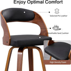 Swivel Bar Stools Set of 2, Walnut Counter Height Bar Stools with Back and Arms, 26" Modern Faux Leather Upholstered Bar Chairs with Bentwood Frame for Kitchen Island Bar - Black