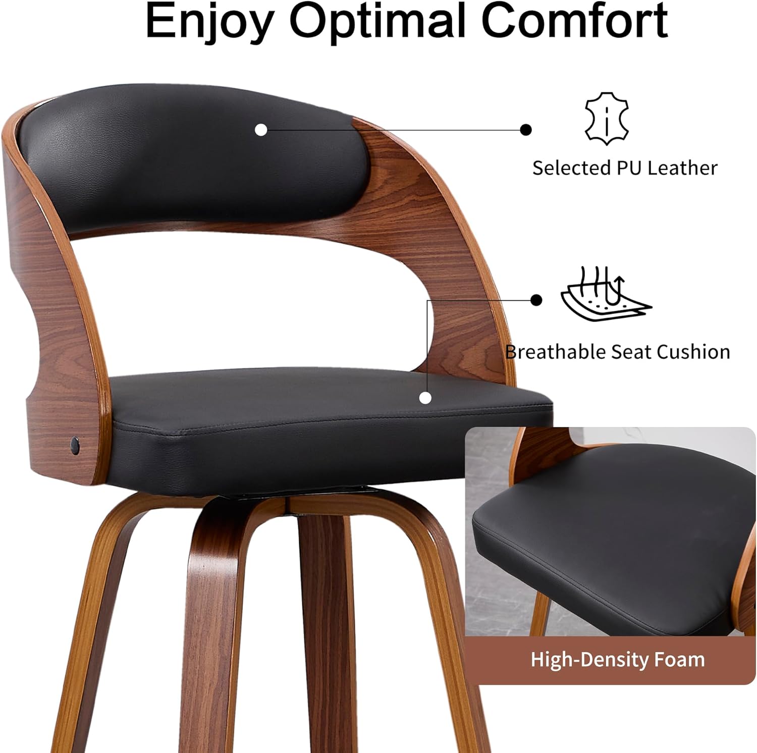 Swivel Bar Stools Set of 2, Walnut Counter Height Bar Stools with Back and Arms, 26" Modern Faux Leather Upholstered Bar Chairs with Bentwood Frame for Kitchen Island Bar - Black