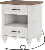 WAMPAT Farmhouse End Table Nightstand with Charging Station, Small Side Table with 2 Drawers & Shelf for Living Room, Light Wood Night Stand Bedside Table for Bedroom, Antique White