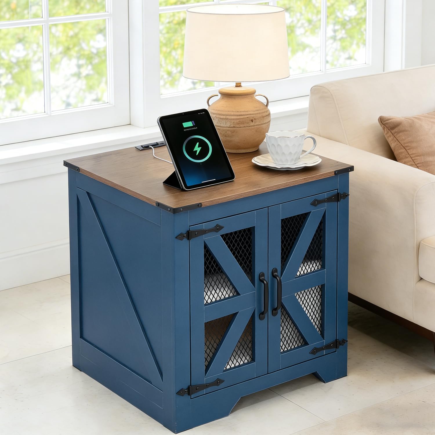 24" Farmhouse End Table Set of 2 with Charging Station and Mesh Barn Door, Rustic Wood Nightstand with Storage Shelf for Living Room & Bedroom, Navy Blue