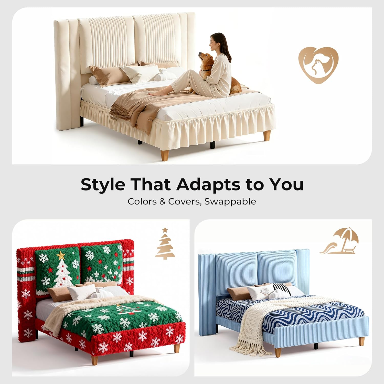Full Upholstered Bed Frame with 51" Tall Headboard & Widened Corduroy Cushion, Easy Assembly, No Box Spring Needed, Cream