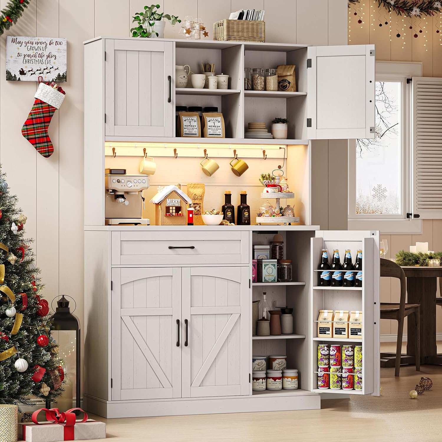ONBRILL 71" Pantry Cabinet, Kitchen Pantry Storage Cabinet with LED Light & Outlet, Kitchen Hutch with Microwave Shelf & 6 Hooks, Door Shelves & Drawer & Adjustable Shelves, for Dining Room