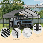 12x15 FT Heavy Duty Metal Carport, All-Weather Outdoor Vehicle Shelter with Steel Roof & Reinforced Frame, Permanent Car Canopy for Trucks, SUVs, Boats & Garden Storage(Gray)