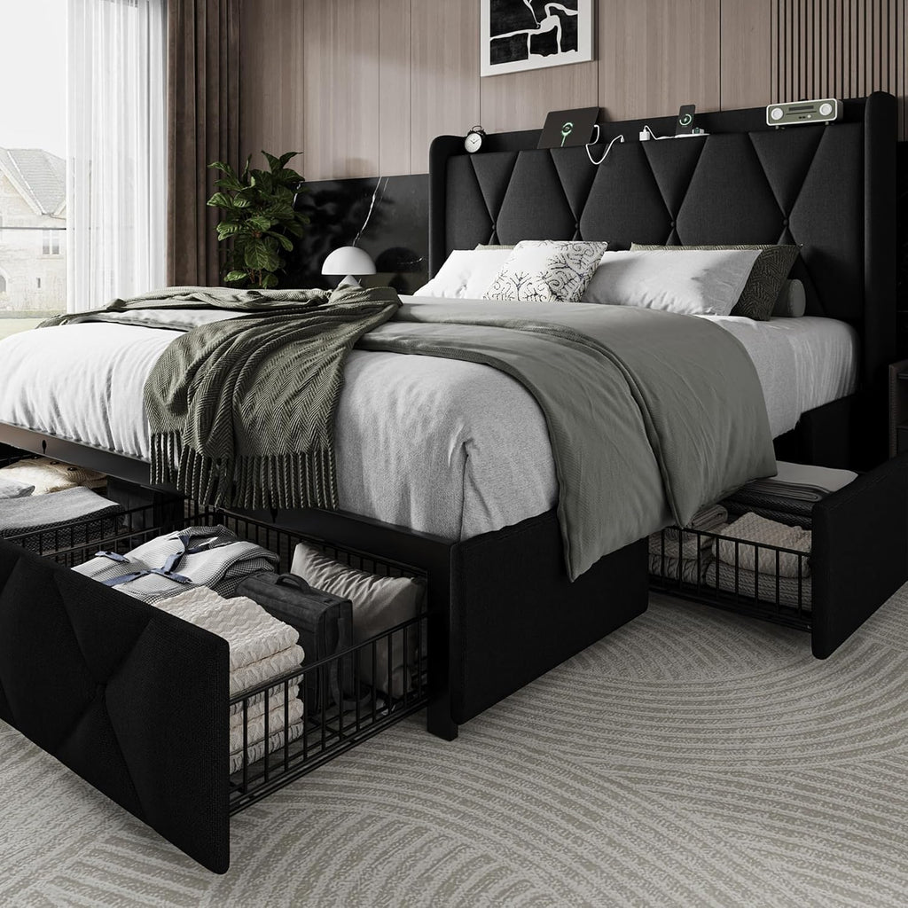 Queen Bed Frame with 4 Storage Drawers and Charging Station, Upholstered Platform Bed Frame with Storage Headboard, No Box Spring Needed, Easy Assembly, Black