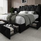 Queen Bed Frame with 4 Storage Drawers and Charging Station, Upholstered Platform Bed Frame with Storage Headboard, No Box Spring Needed, Easy Assembly, Black