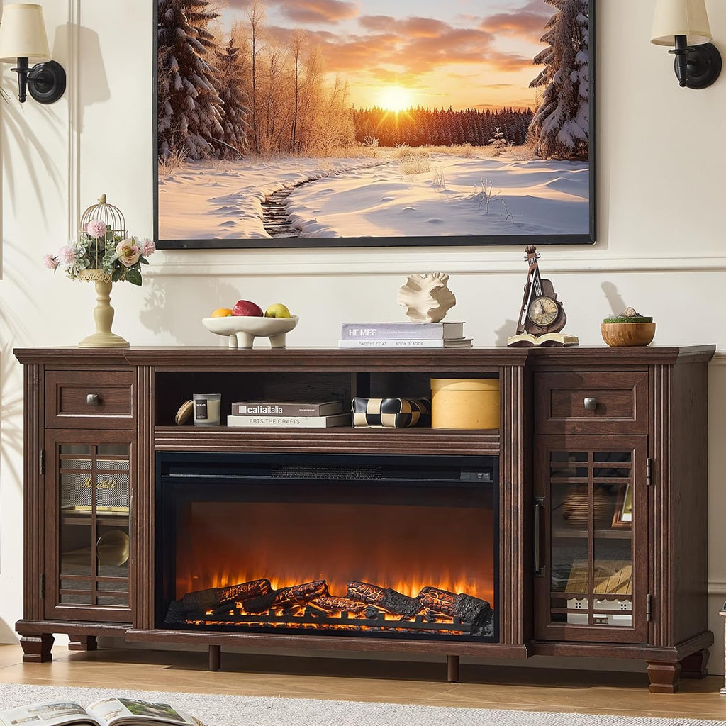 70" Fireplace TV Stand with 36”Silent Electric Fireplace, Farmhouse Entertainment Center for TVs up to 80", 2 Drawers TV Console with Glass Door Cabinet, Walnut TVs Cabinet for Living Room