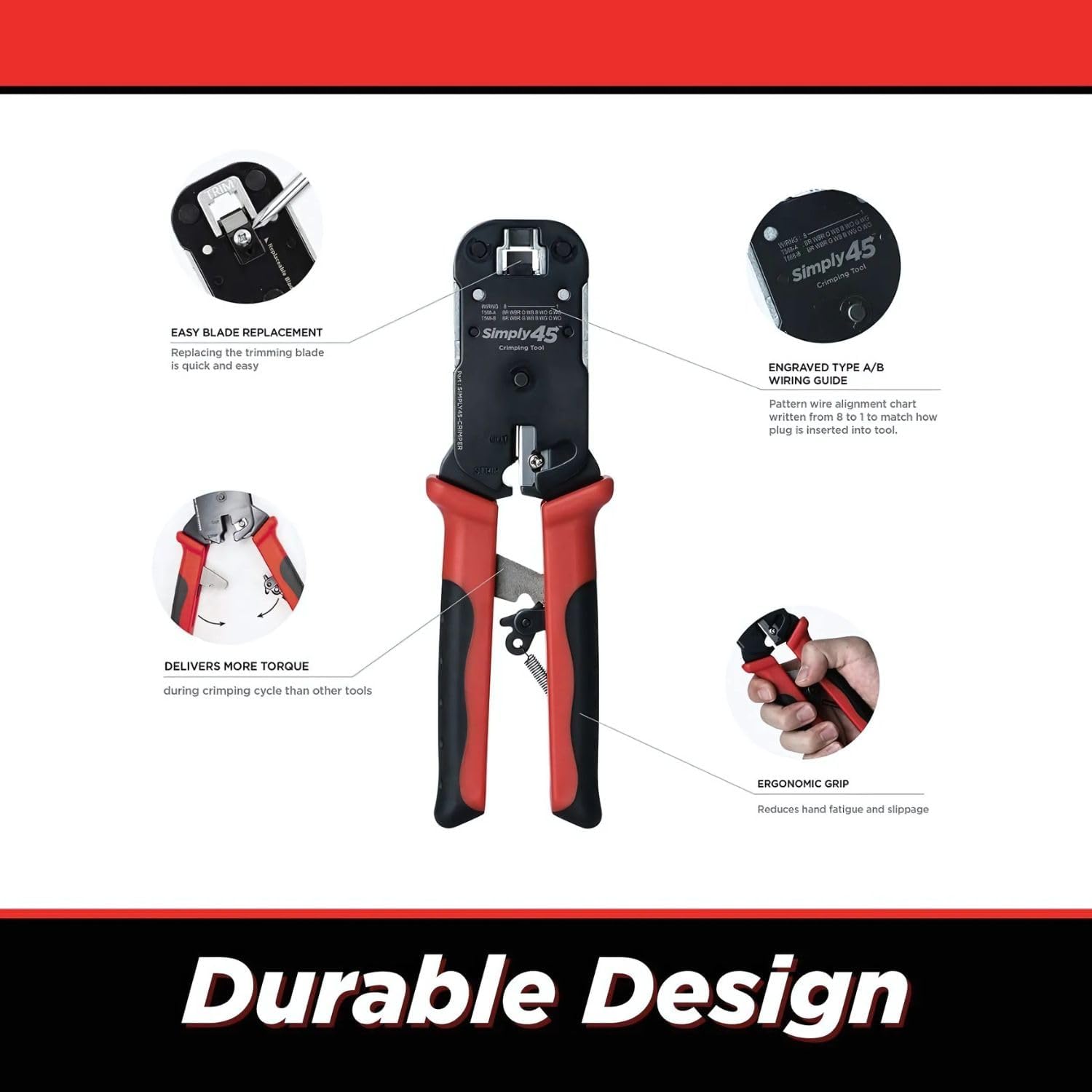 Simply45 Pass-Through RJ45 Crimp Tool for Unshielded and Internal Ground Shielded Pass-Through RJ45 Modular Plugs - Built-In Stripper/Cutter - S45-C100