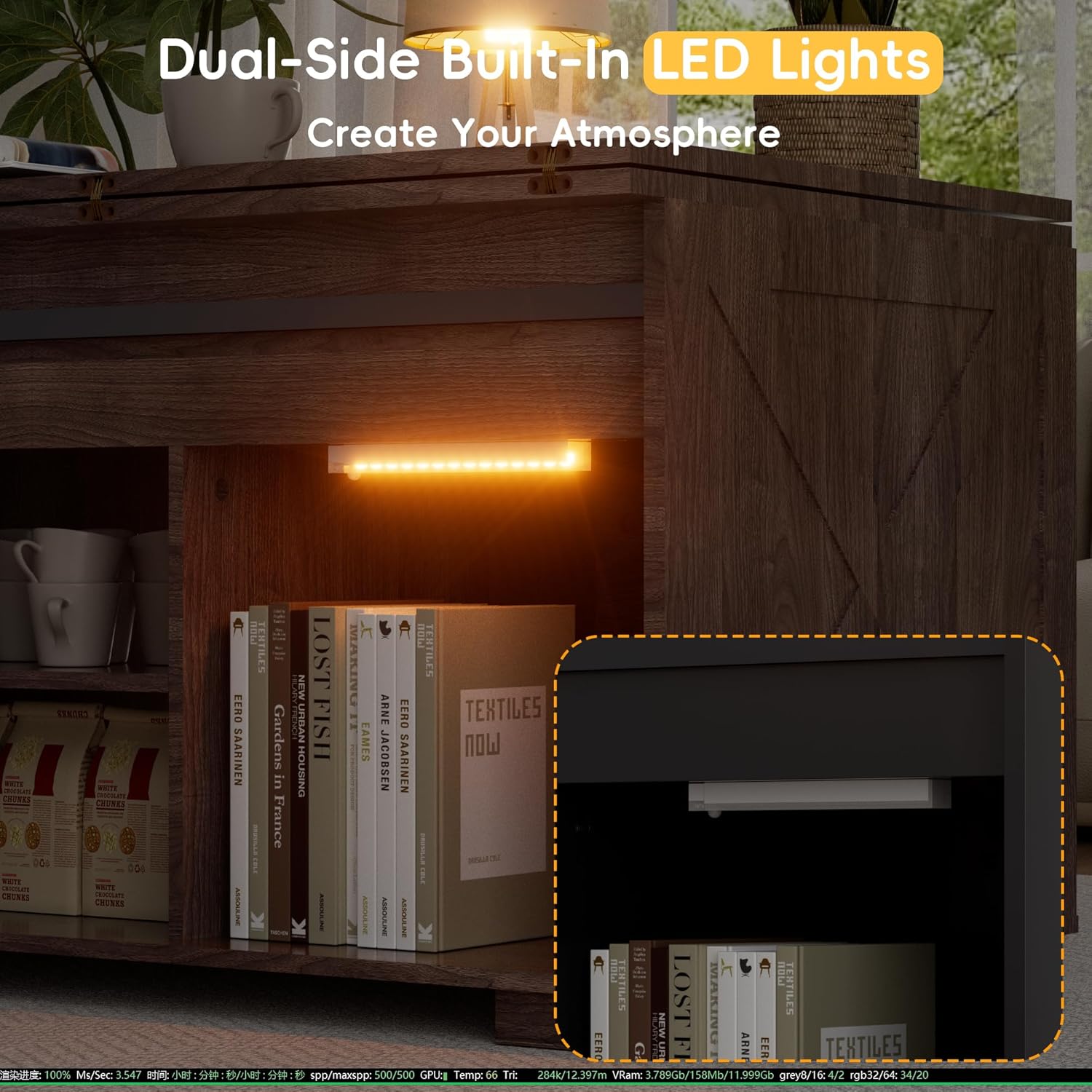 Upgraded Coffee Table with Lifting Top And Sliding Doors, Thick Panels, Industrial Metal Mesh Sides, Dual LED Accent Lights, Large Storage Center farmhouse square Table for Living Room, Dusk Walnut