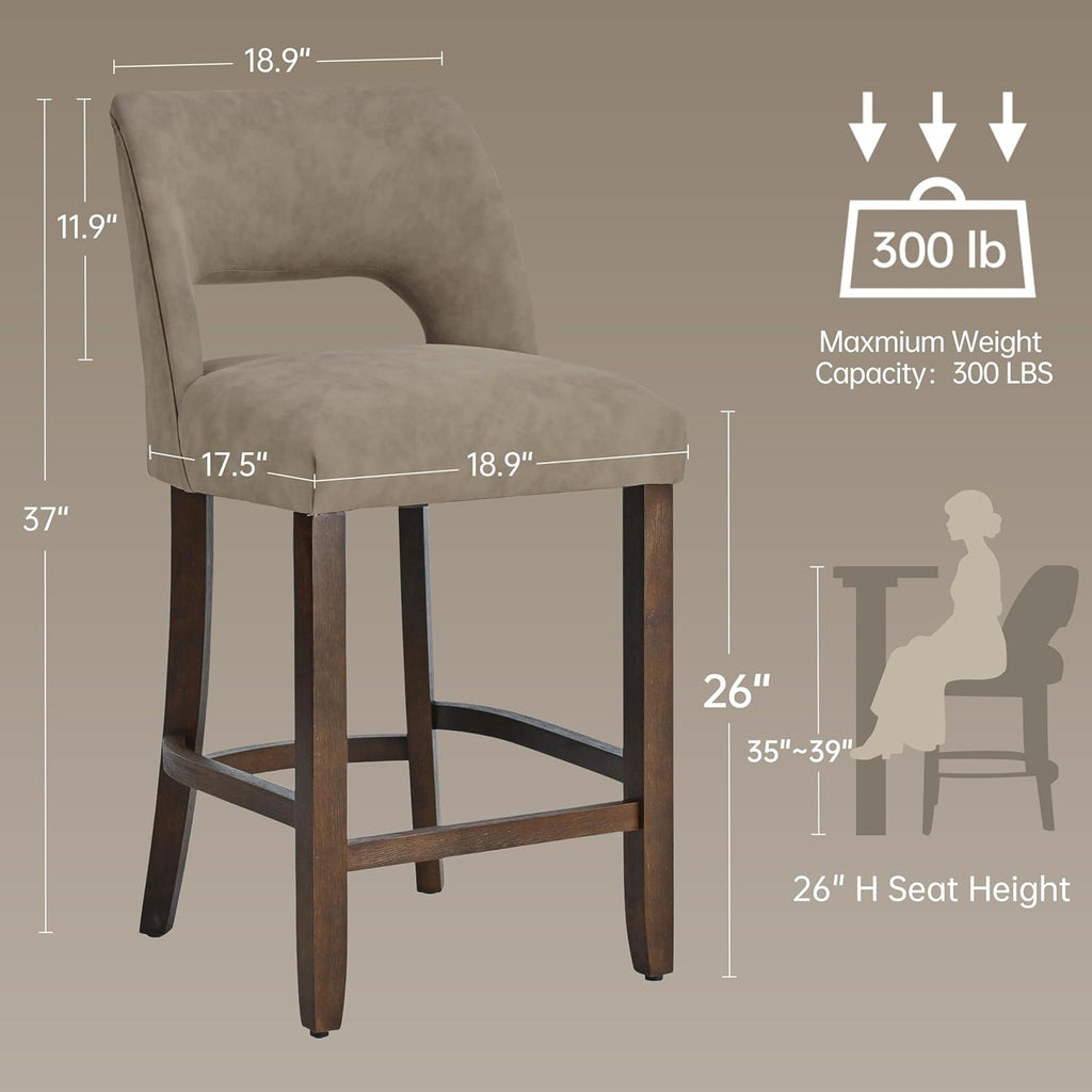 VKNOW 26" Bar Stools Set of 2, Faux Leather Counter Height Bar Stools with Backrest and Rubberwood Legs, Upholstered Barstools for Kitchen Island, Bar and Dining Room, Taupe