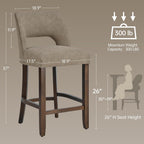 VKNOW 26" Bar Stools Set of 2, Faux Leather Counter Height Bar Stools with Backrest and Rubberwood Legs, Upholstered Barstools for Kitchen Island, Bar and Dining Room, Taupe
