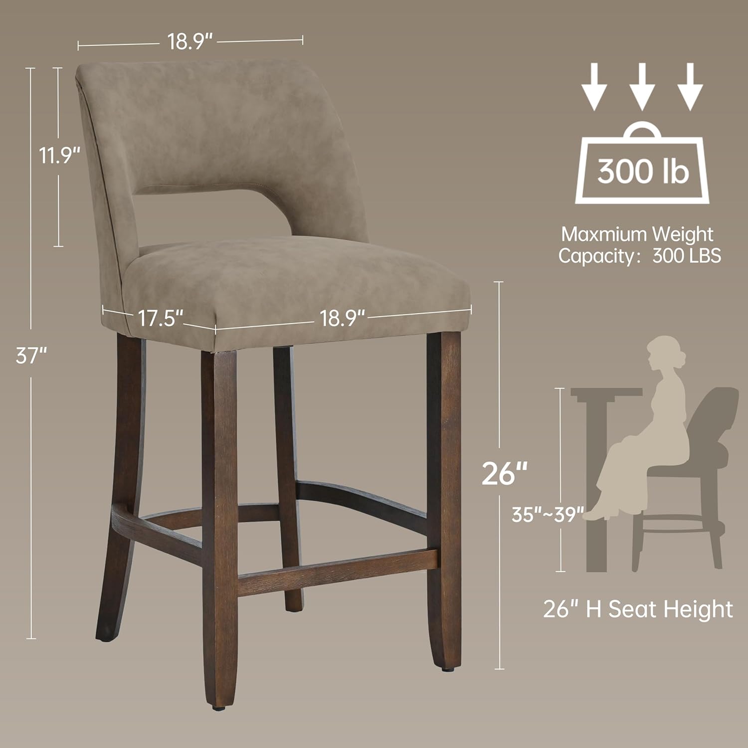 VKNOW 26" Bar Stools Set of 2, Faux Leather Counter Height Bar Stools with Backrest and Rubberwood Legs, Upholstered Barstools for Kitchen Island, Bar and Dining Room, Taupe