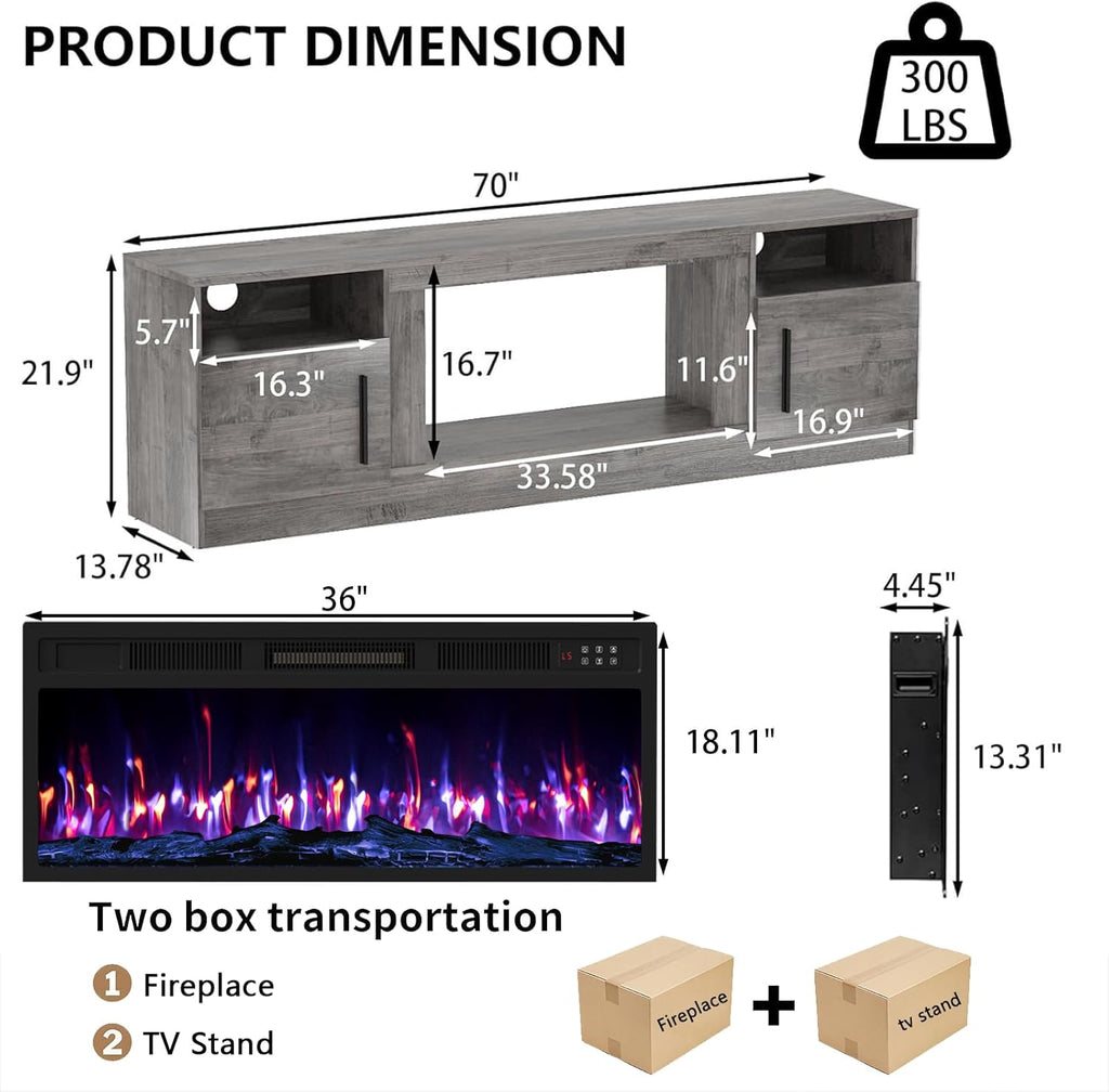 Fireplace TV Stand with 36" Fireplace Up to 80" TVs, 70" Entertainment Center with LED Lights, Remote Control, TV Media Console with Storage Cabinets for Living Room, Gray