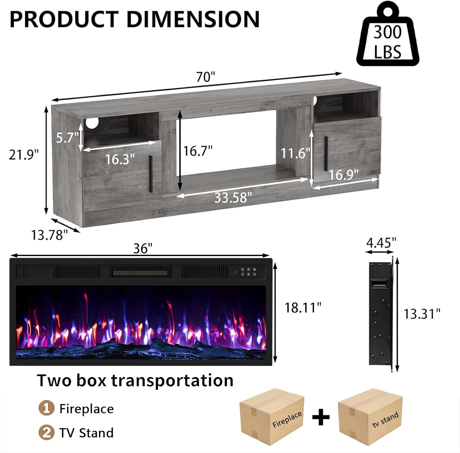 Fireplace TV Stand with 36" Fireplace Up to 80" TVs, 70" Entertainment Center with LED Lights, Remote Control, TV Media Console with Storage Cabinets for Living Room, Gray