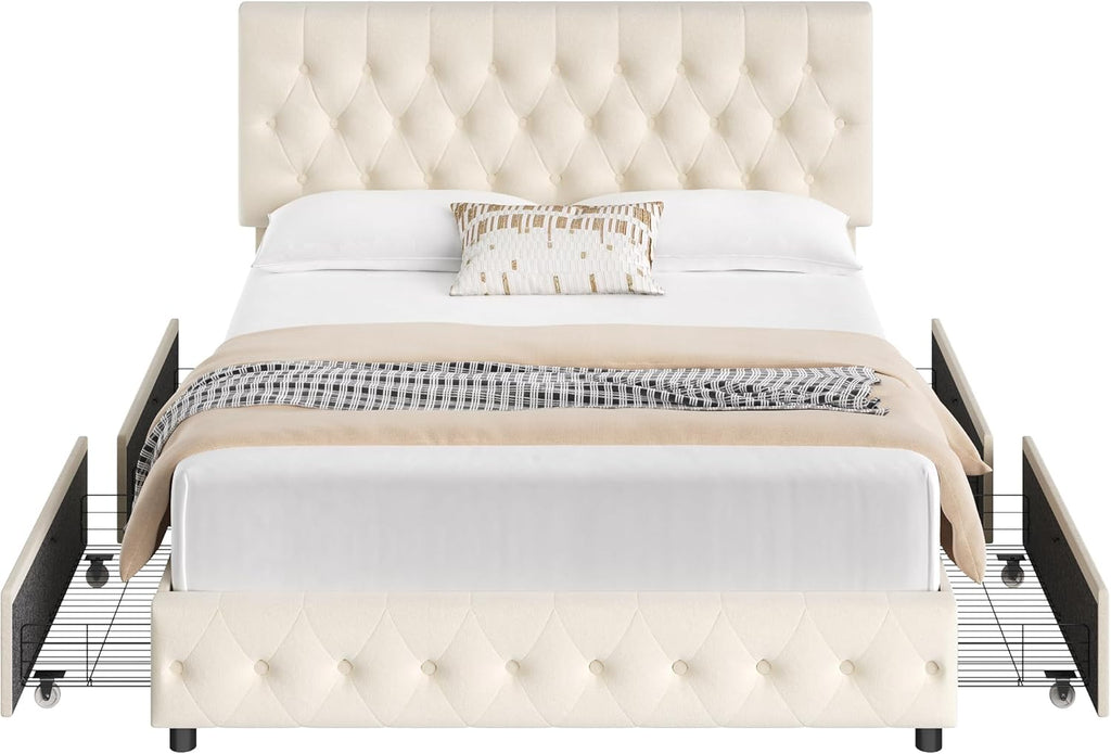 Keyluv Modern Upholstered Bed Frame with 4 Storage Drawers, Button Tufted Headboard Design, Solid Wooden Slat Support, Easy Assembly, Soft Velvet, Beige, King Size