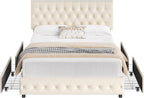 Keyluv Modern Upholstered Bed Frame with 4 Storage Drawers, Button Tufted Headboard Design, Solid Wooden Slat Support, Easy Assembly, Soft Velvet, Beige, King Size