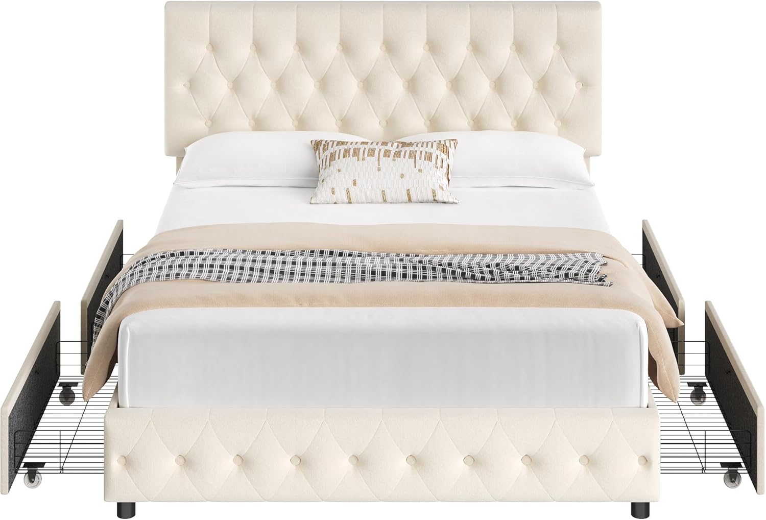 Keyluv Modern Upholstered Bed Frame with 4 Storage Drawers, Button Tufted Headboard Design, Solid Wooden Slat Support, Easy Assembly, Soft Velvet, Beige, King Size
