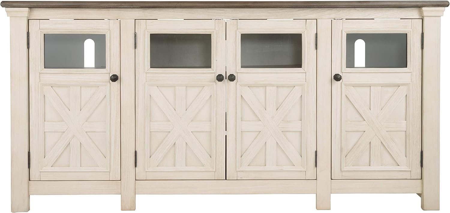 Signature Design by Ashley Bolanburg Extra Large TV Stand, Fits TVs up to 72", 3 Cabinets, Adjustable Storage Shelves, 74.13", Whitewash & 2-Tone Finish