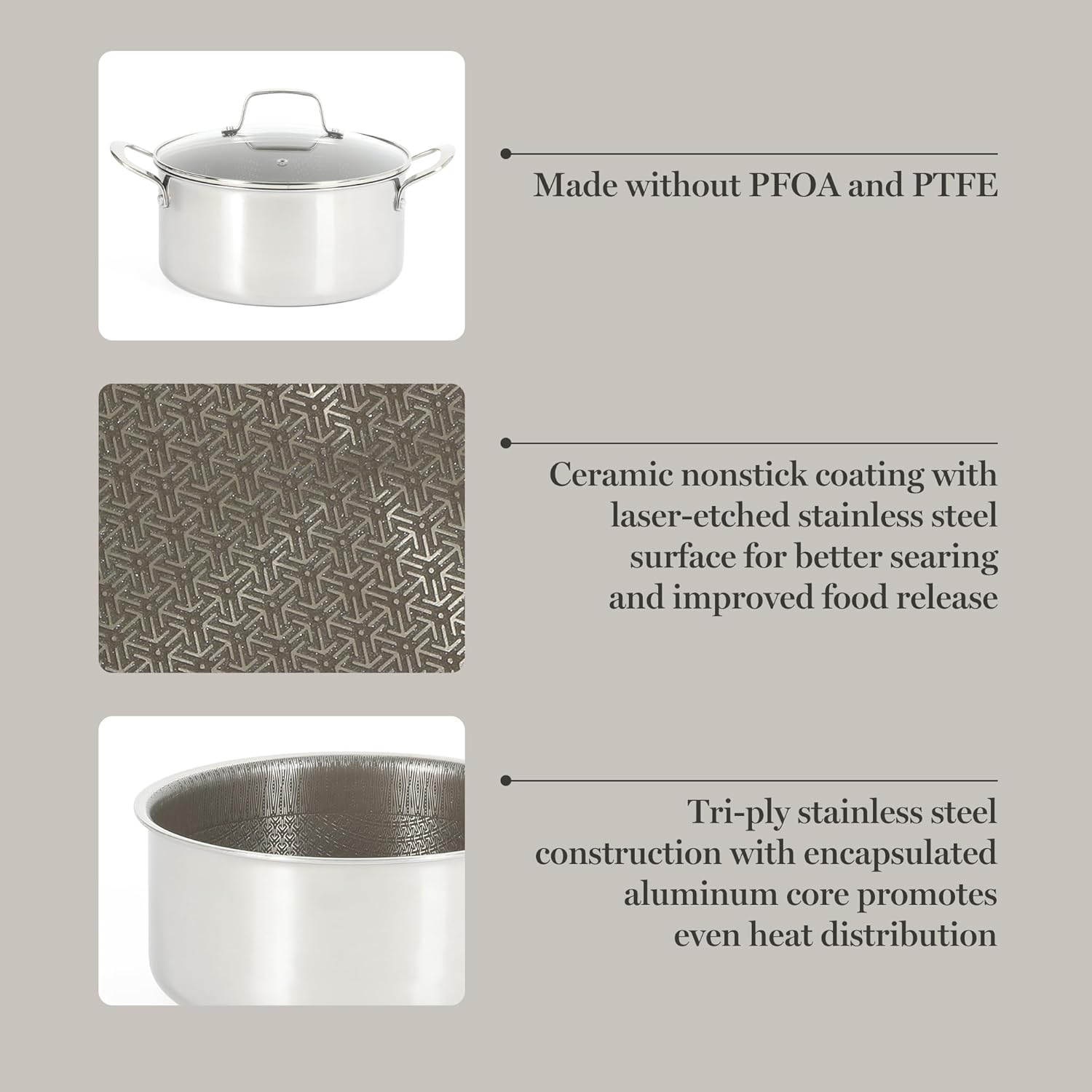 Martha Stewart Badgley Hybrid Nonstick 10 Piece TriPly Stainless Steel Pots and Pans Non-Toxic Kitchen Cookware Set - Laser Etched Perfect Sear Nonstick W/Stay Cool Handle Dishwasher & Induction Safe