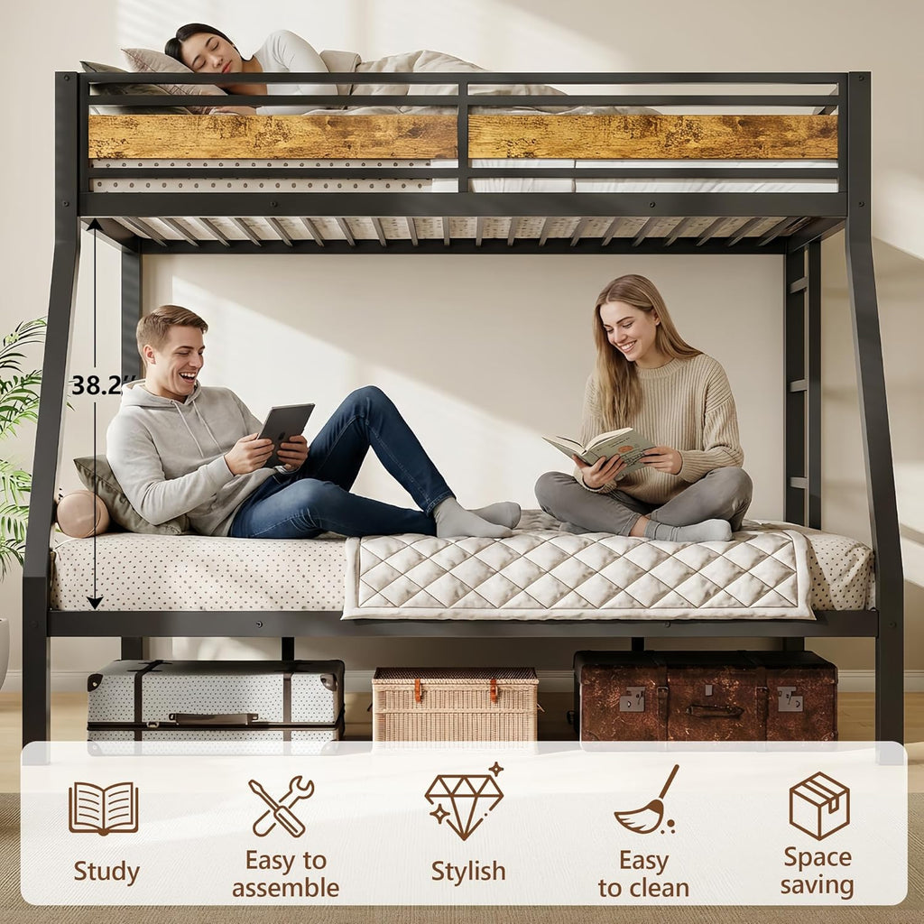 Feonase Bunk Beds Twin Over Full Size, Heavy Duty Metal Bunk Beds with Safety Guardrail & Ladders, Steel Loft Bed Frame for Teens and Adults, Apartment or Dorm, Noise Free & Easy Assembly, Black