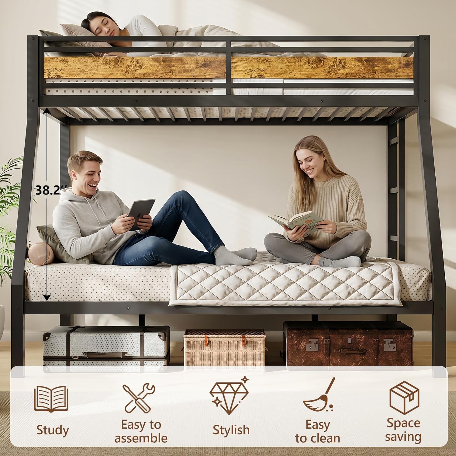 Feonase Bunk Beds Twin Over Full Size, Heavy Duty Metal Bunk Beds with Safety Guardrail & Ladders, Steel Loft Bed Frame for Teens and Adults, Apartment or Dorm, Noise Free & Easy Assembly, Black