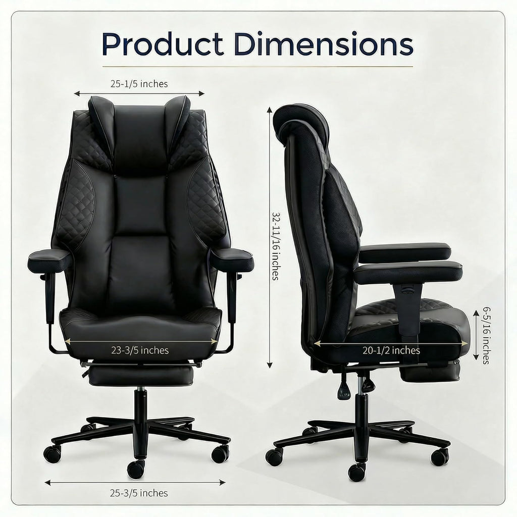 Big and Tall Office Chair 500lbs - 23.6" Extra Wide Seat Ergonomic Executive Chair, Heavy Duty Metal Base High Back Leather Office Chair with Footrest, Lumbar Support & Adjustable Arm, Black