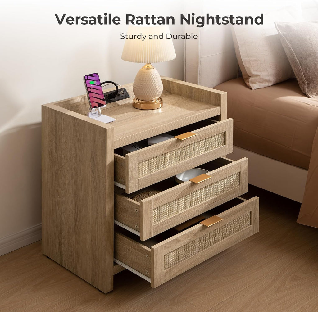 SICOTAS Rattan Nightstands Set of 2 Bedside Table - Larger Night Stand with Type-C Charging Station, 3 Drawers Storage, Boho Night Stands End Table for Bedroom Office - Light Oak
