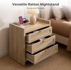 SICOTAS Rattan Nightstands Set of 2 Bedside Table - Larger Night Stand with Type-C Charging Station, 3 Drawers Storage, Boho Night Stands End Table for Bedroom Office - Light Oak