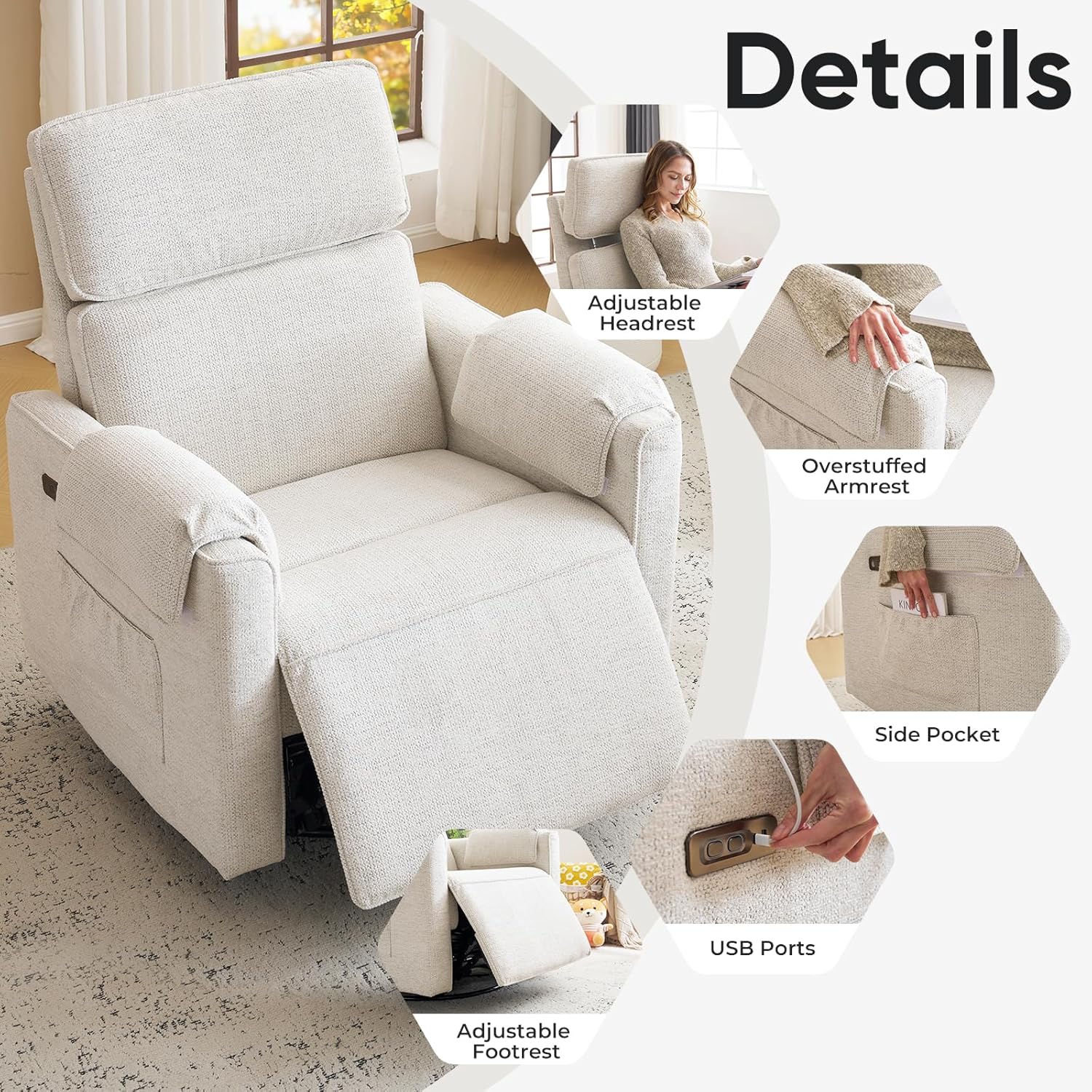 Oversized Power Recliner Chair, 26" Extra Wide Swivel Rocker Recliner with Adjustable Headrest, Chenille Glider Rocking Nursery Chair with Overstuffed Armrest, USB Ports, White